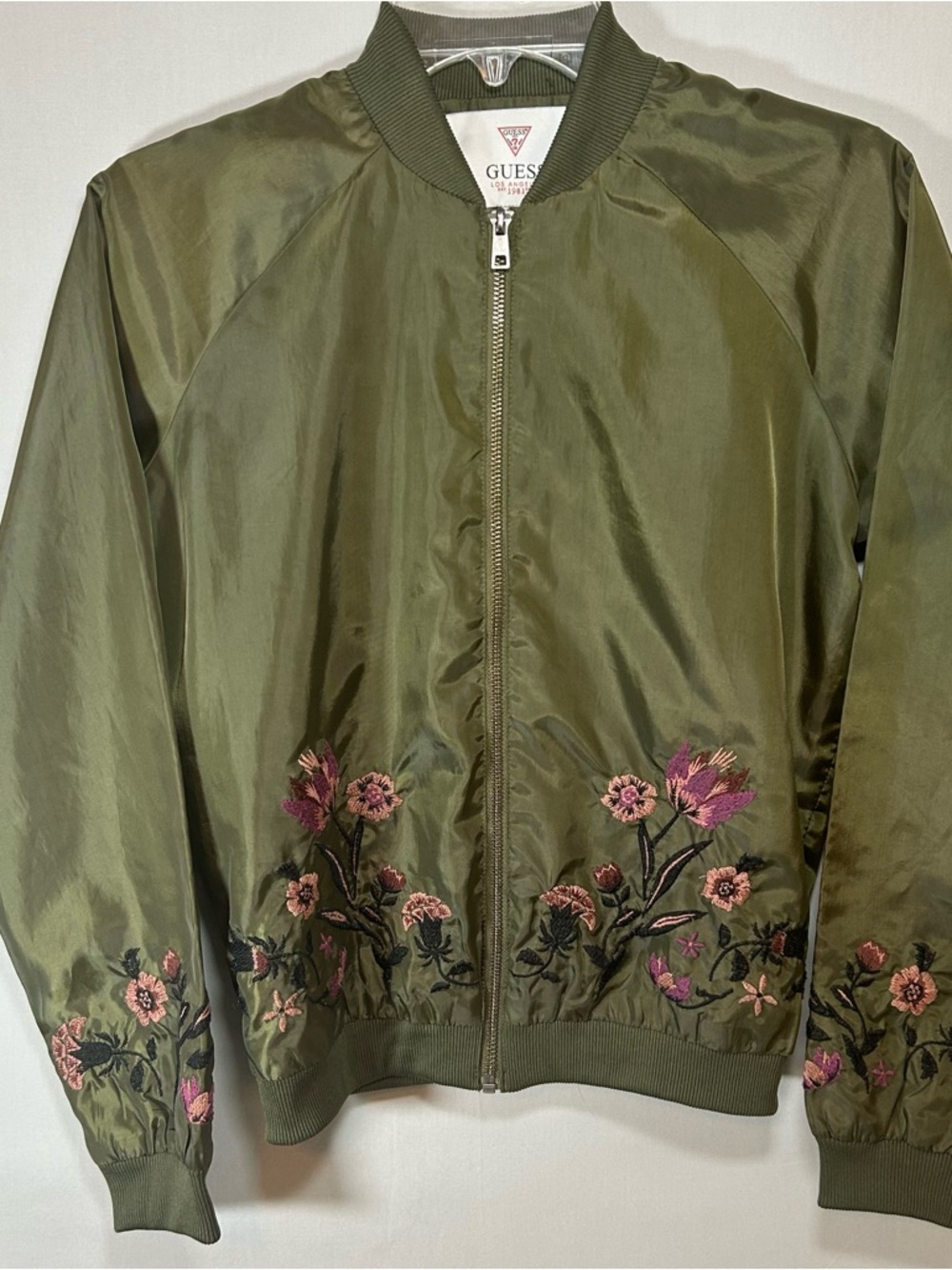Guess Jacket Bomber Style Women’s Small Lotus Embroidered Olive Green Full Zip